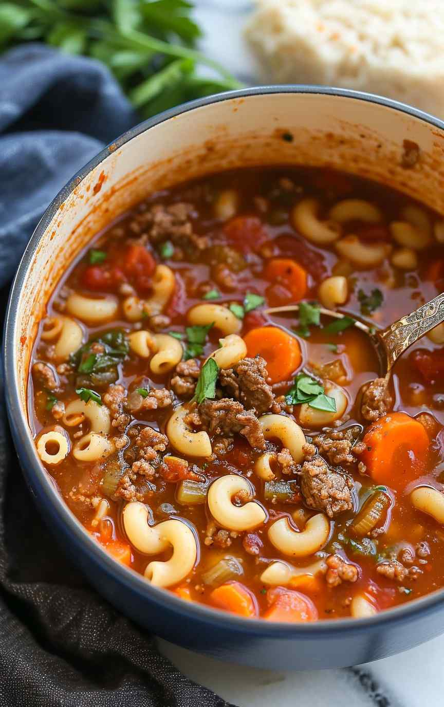 Beef and tomato macaroni soup