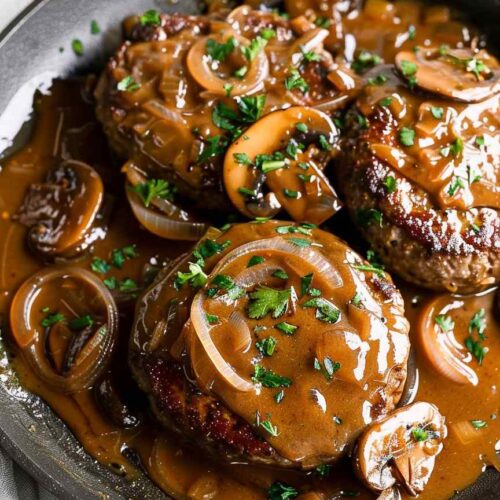 hamburger steaks with onion and mushroom gravy