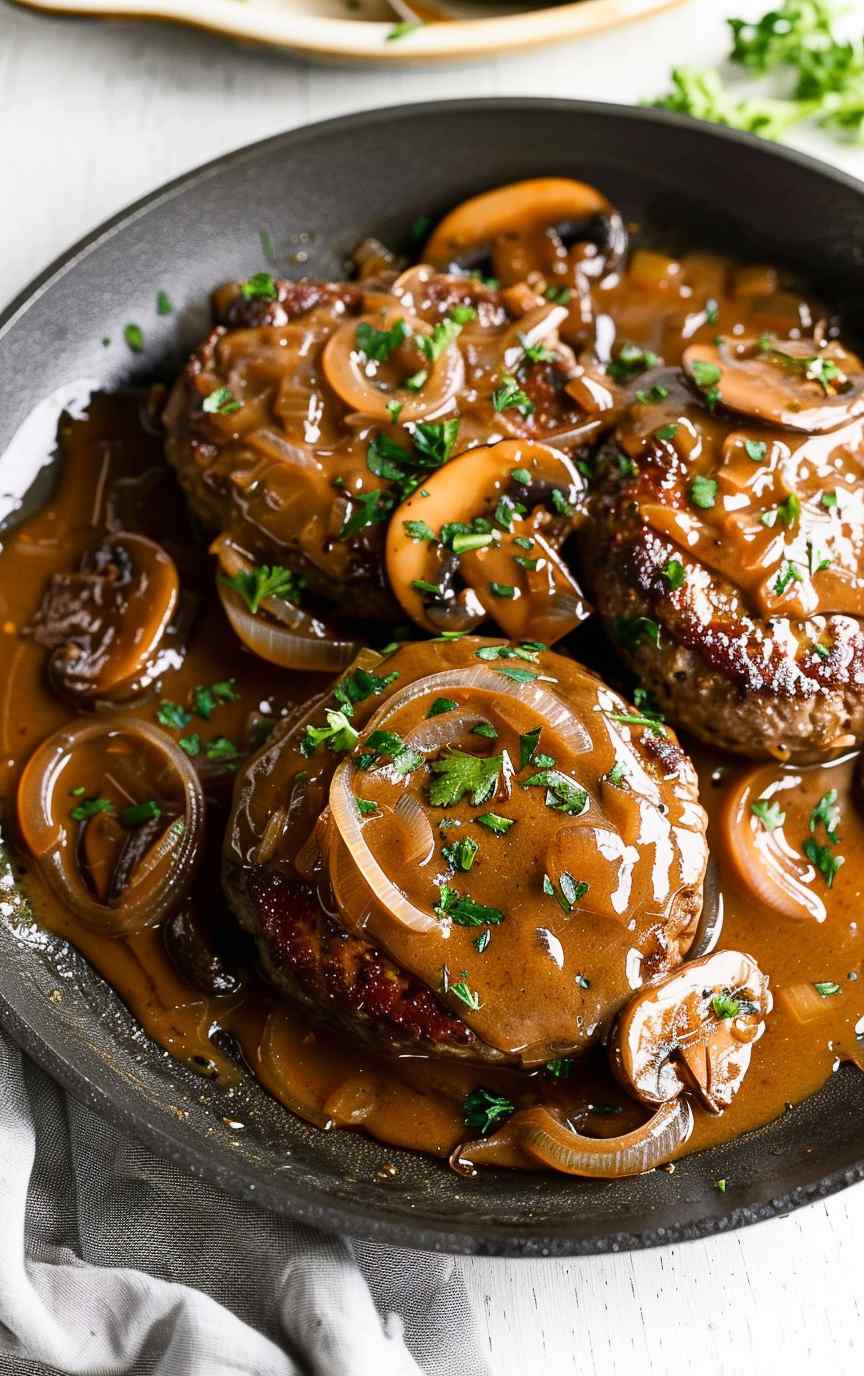 Hamburger Steaks with Onion and Mushroom Gravy hamburger steaks with onion and mushroom gravy