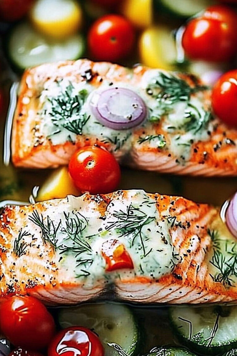 Mediterranean-Style Baked Salmon With dill sauce