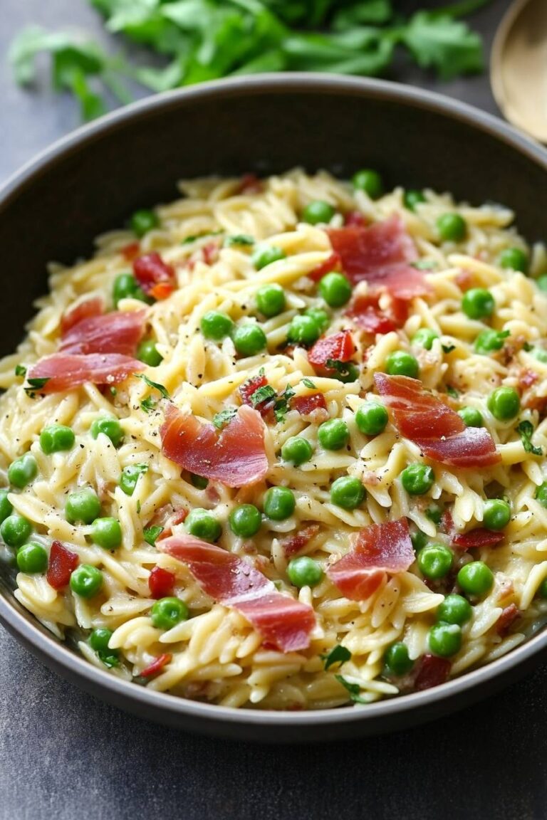 Creamy Orzo with Green Peas and Crispy Prosciutto