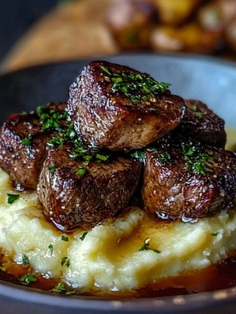 Garlic Butter Steak Bites with Mashed Potatoes