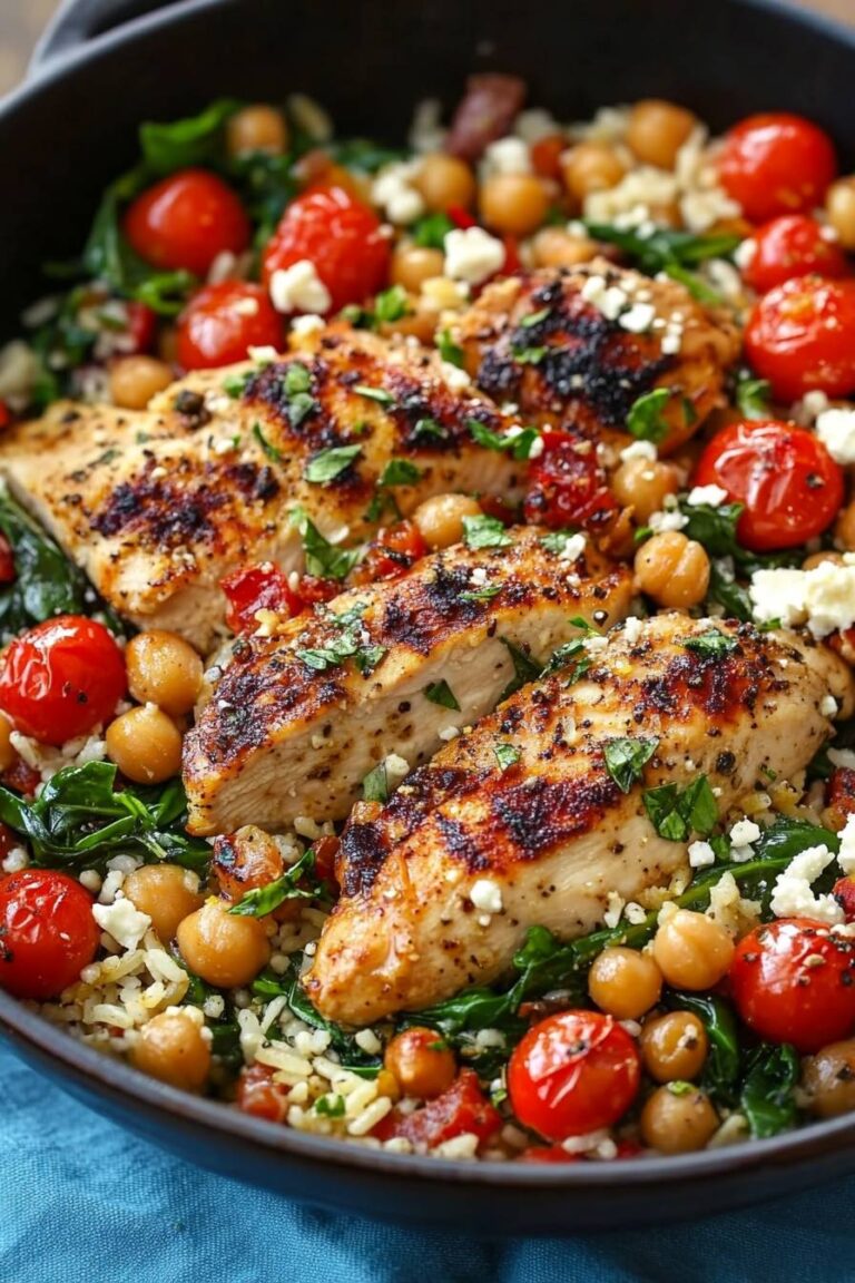 Greek Chicken and Lemon Rice with Chickpeas, Spinach, Tomatoes, and Feta