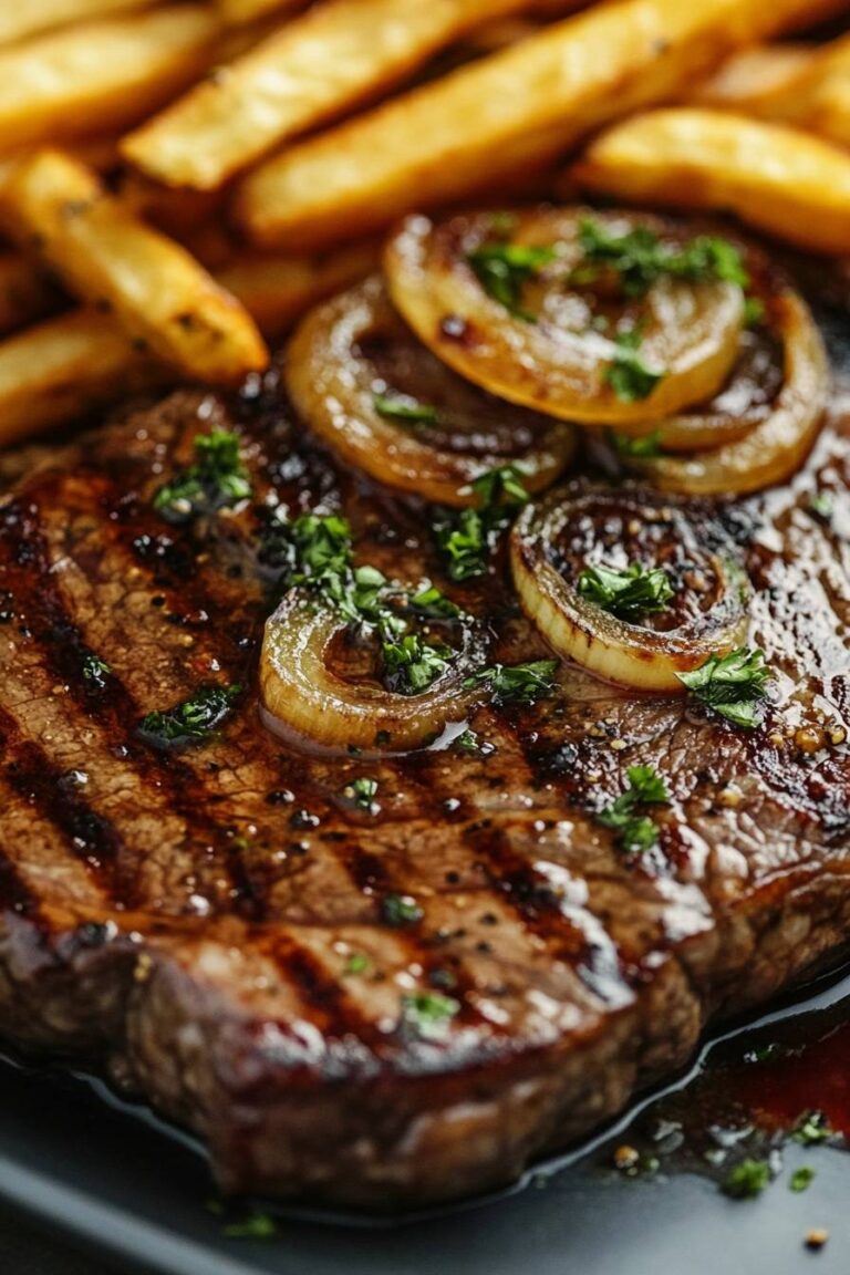 Ribeye Steak with French Onions and French Fries
