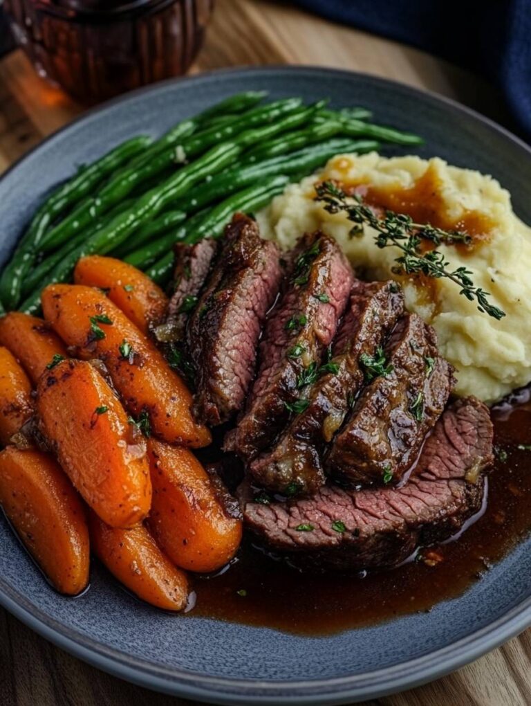 Roast Beef with Mashed Potatoes, Carrots, and Green Beans