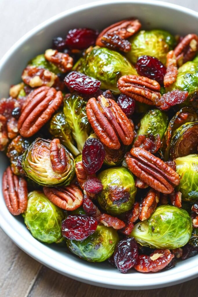 Roasted Brussels Sprouts with Bacon, Toasted Pecans, and Dried Cranberries