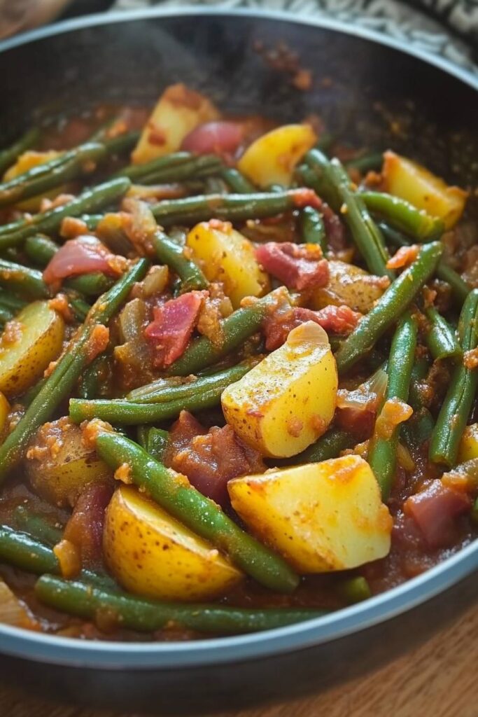 Smothered Green Beans with Potatoes is almost done! One of my favorite wallet friendly meals!