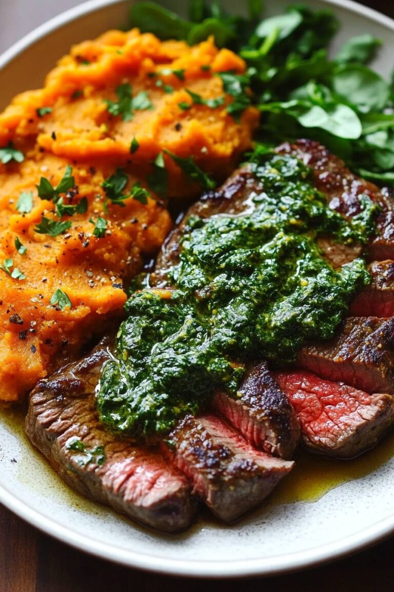 Steak with Green Spinach Sauce and Mashed Roasted Sweet Potatoes