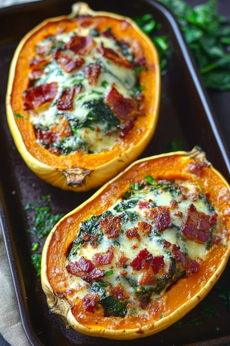 Stuffed Butternut Squash with Spinach, Bacon, and Cheese
