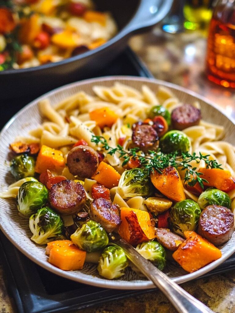 Autumn Dinner with Sausage, Pasta, Brussels Sprouts, Butternut Squash, and Garlic Butter Sauce