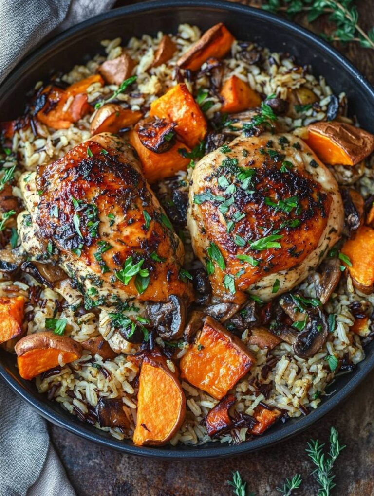 Chicken and Wild Rice with Roasted Sweet Potatoes, Mushrooms, and Garlic Butter Sauce