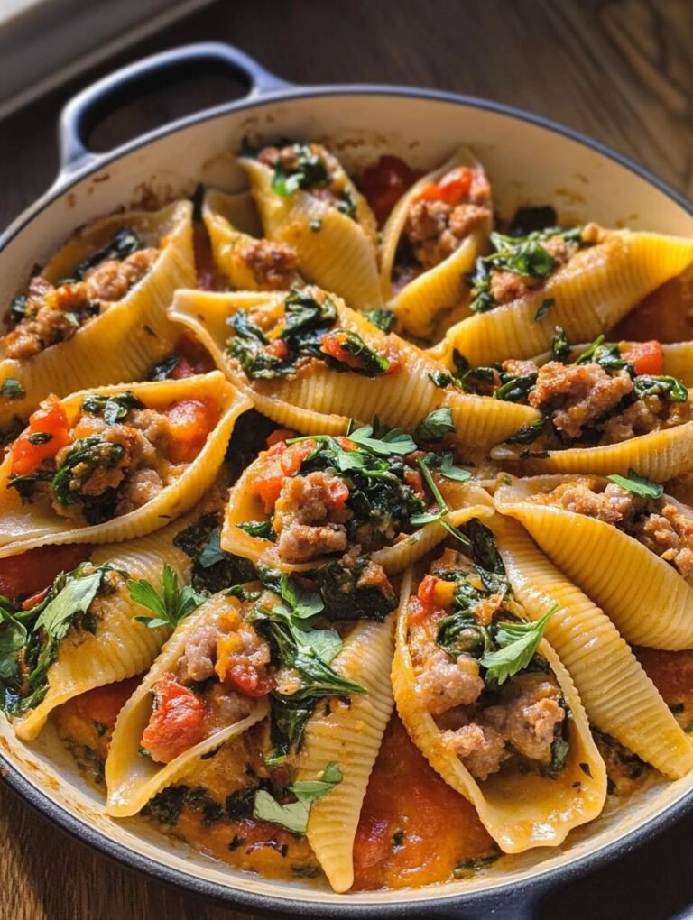 Creamy Butternut Squash Pasta Shells Stuffed with Sausage, Spinach, and Tomatoes