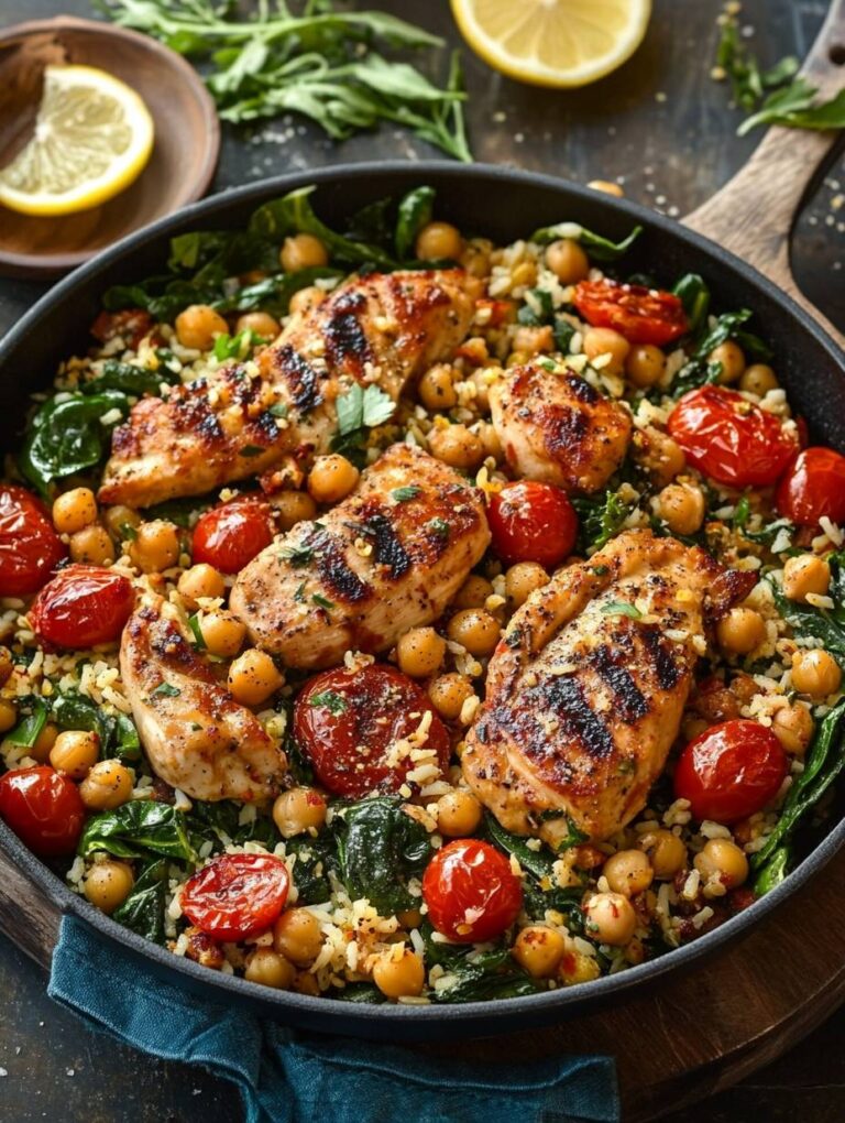 Greek Chicken and Lemon Rice with Chickpeas, Spinach, and Cherry Tomatoes