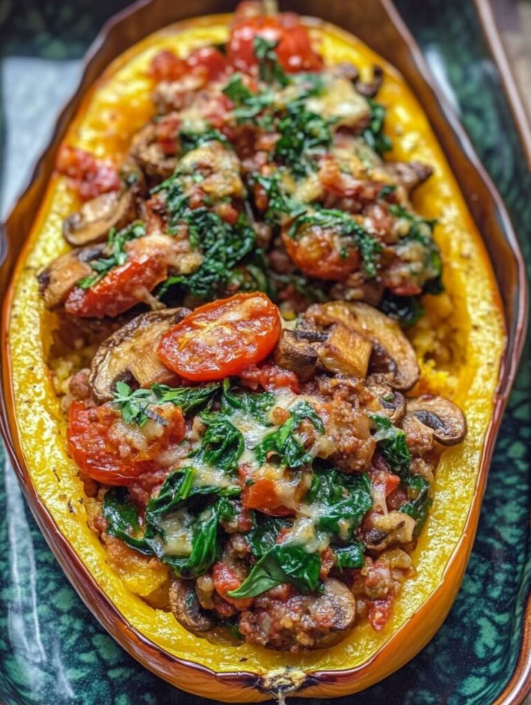 Italian Sausage Stuffed Spaghetti Squash with Spinach, Tomatoes, and Mushrooms