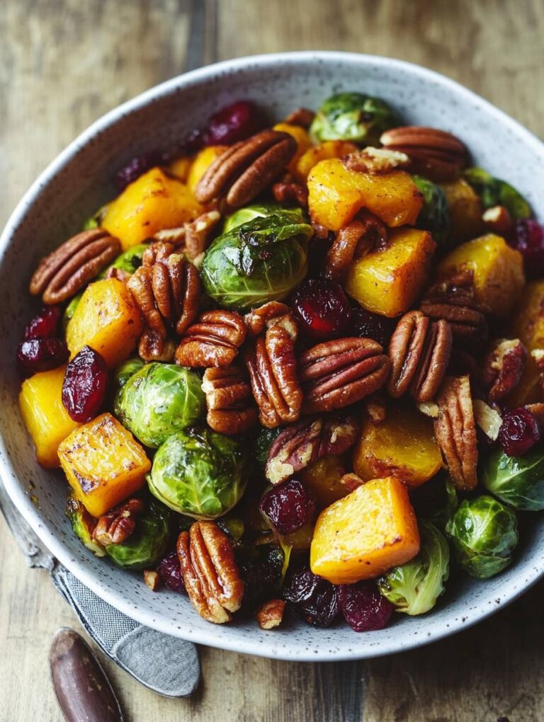 Roasted Brussels Sprouts and Cinnamon Butternut Squash with Pecans and Cranberries