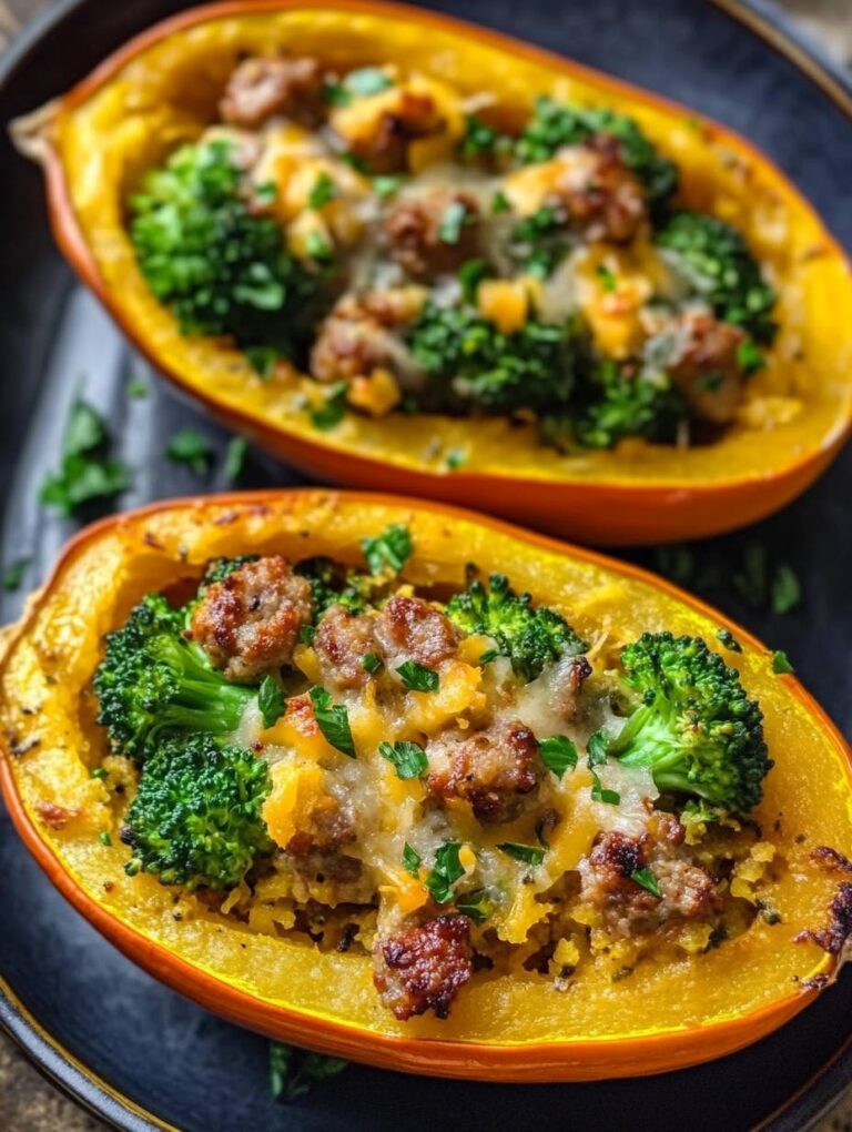Stuffed Spaghetti Squash with Broccoli, Sausage, and Cheddar Cheese