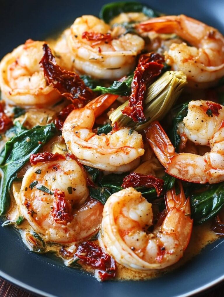Tuscan Shrimp with Spinach, Artichokes, Sun-Dried Tomatoes