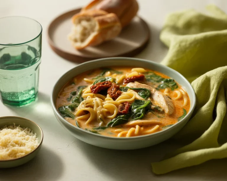 Bowl of rustic creamy Tuscan Chicken Soup with veggies and herbs.