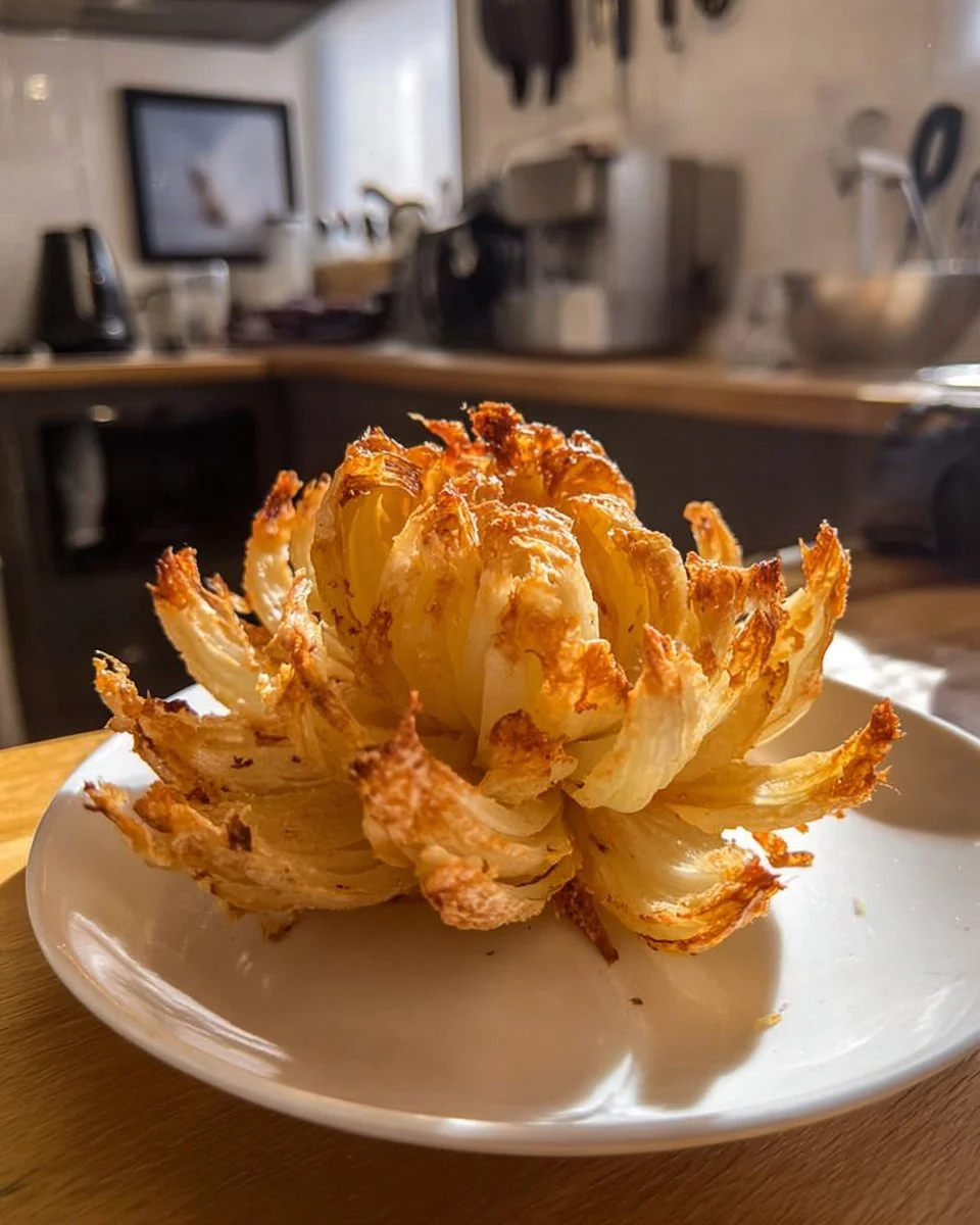 Crispy air fryer blooming onion served with dipping sauce