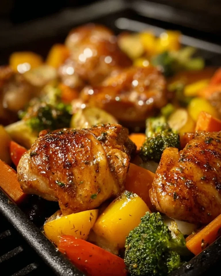 Air fryer chicken and colorful vegetables cooked to perfection in an air fryer.