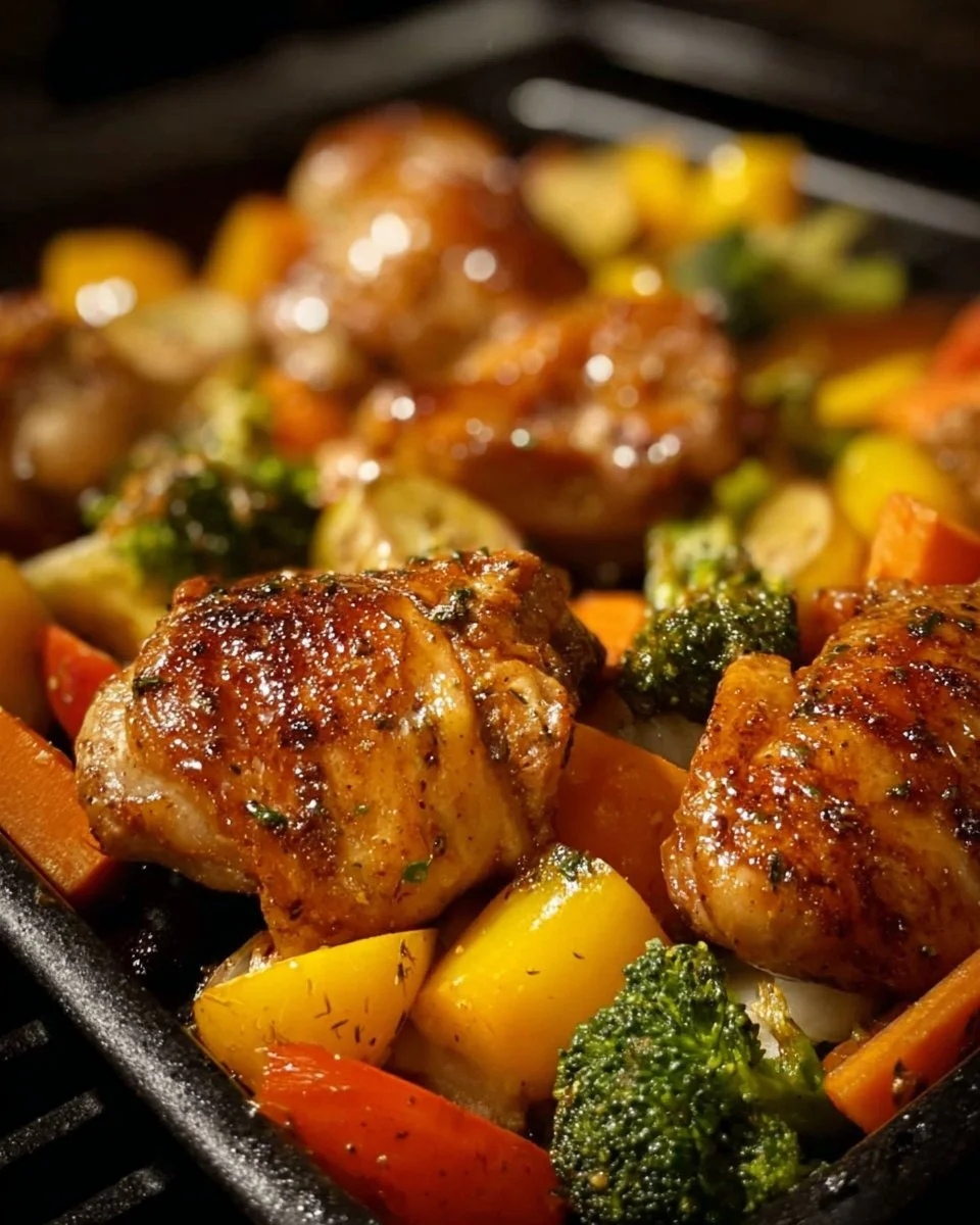 Air fryer chicken and colorful vegetables cooked to perfection in an air fryer.