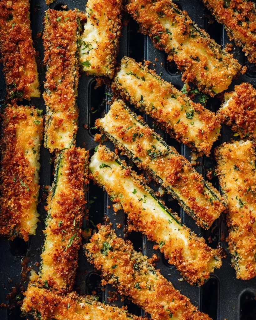 Crispy air fryer zucchini fries served on a plate with dipping sauce.