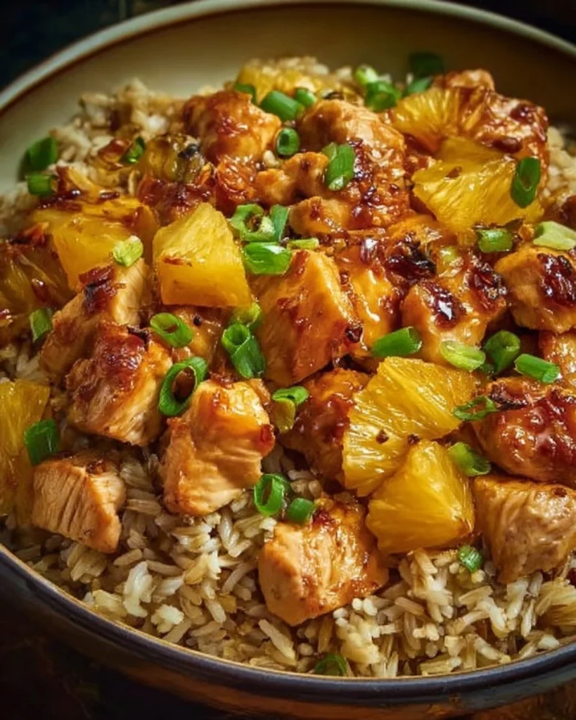 Delicious Airfryer Pineapple Chicken served with rice