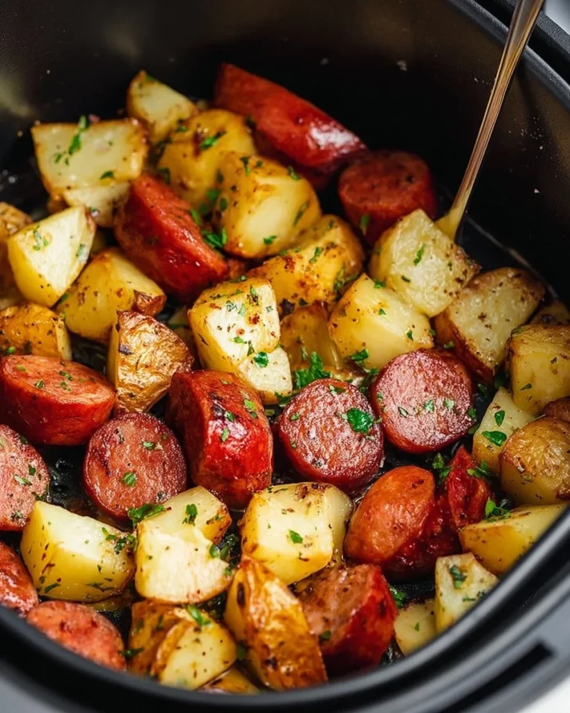 Crispy airfryer potatoes with sausages cooked to perfection