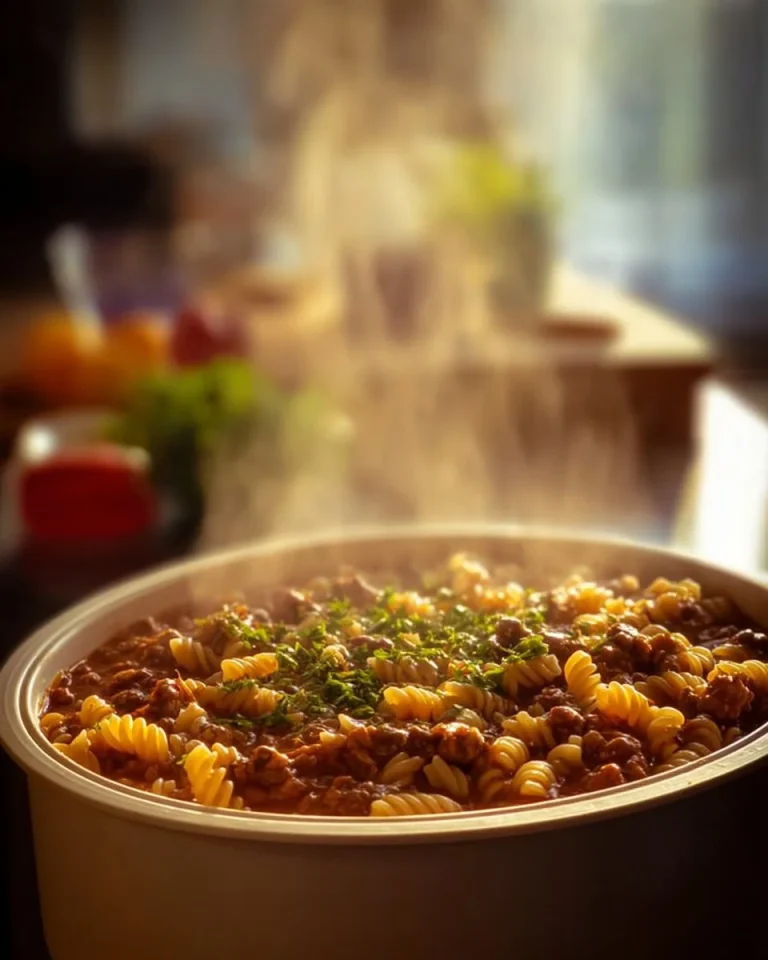 Delicious American Goulash served in a bowl, featuring pasta, ground beef, and tomato sauce.