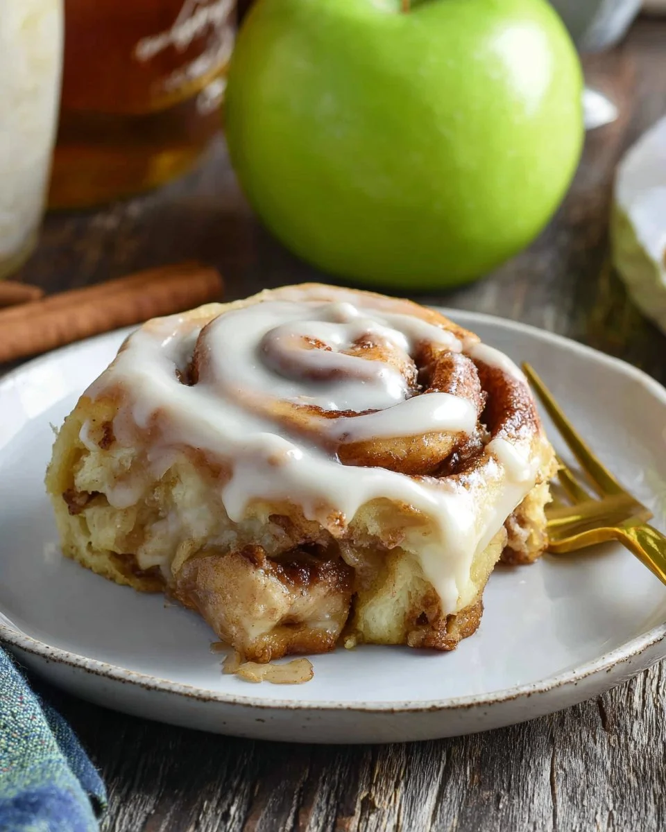 Freshly baked apple pie cinnamon rolls topped with icing and cinnamon