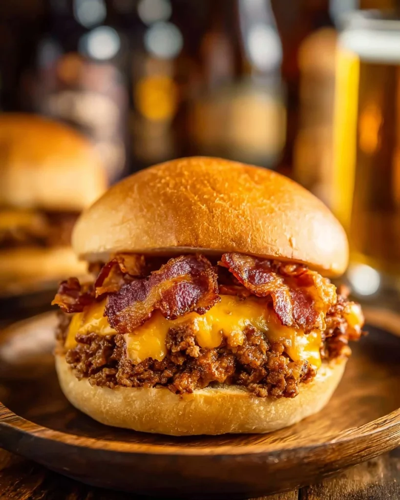 Bacon Beer Cheese Sloppy Joes served on a plate with toppings