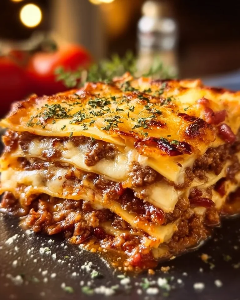 A delicious Bacon Cheeseburger Lasagna with layers of cheese, bacon, and beef.