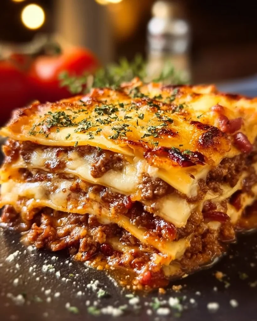 A delicious Bacon Cheeseburger Lasagna with layers of cheese, bacon, and beef.