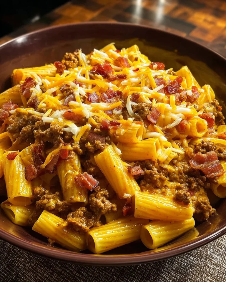 Delicious Bacon Cheeseburger Pasta Bake topped with crispy bacon and melted cheese