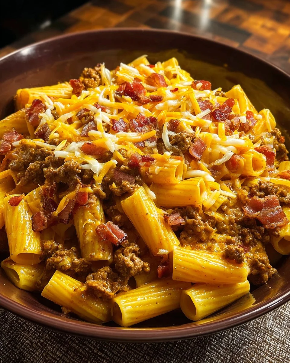 Delicious Bacon Cheeseburger Pasta Bake topped with crispy bacon and melted cheese