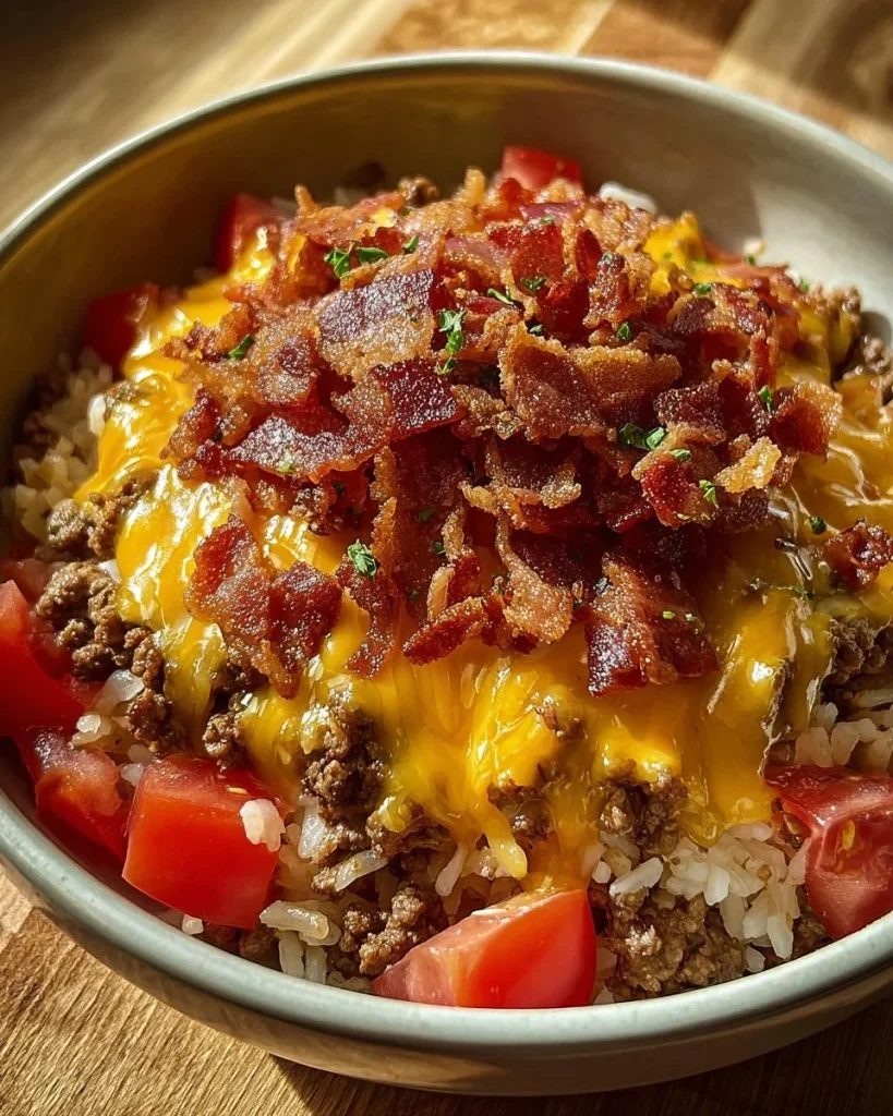 Delicious Bacon Cheeseburger Rice Bowl with toppings and fresh ingredients