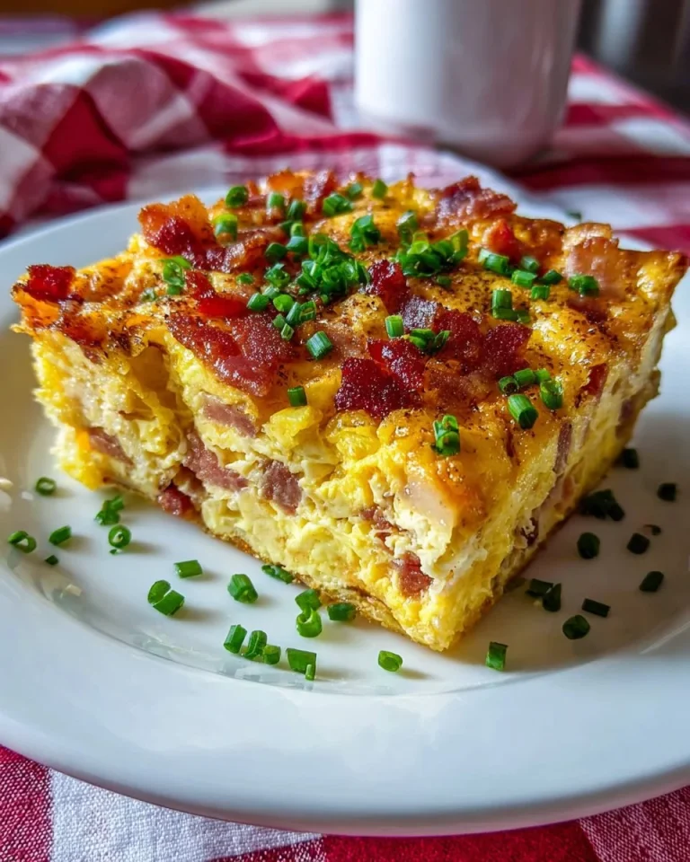 Bacon Egg Cheese Casserole baked dish with golden cheese and crispy bacon