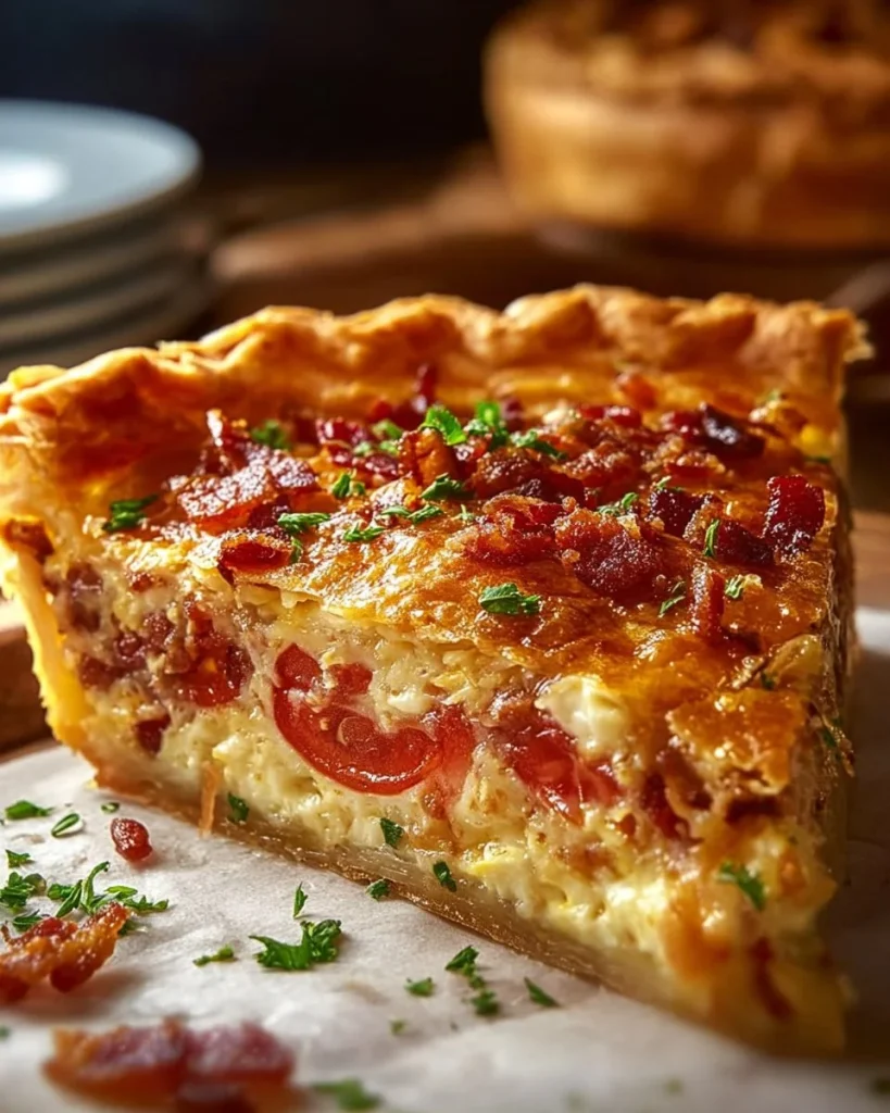 Homemade Bacon Onion Tomato Pie slice on a plate, garnished with herbs.