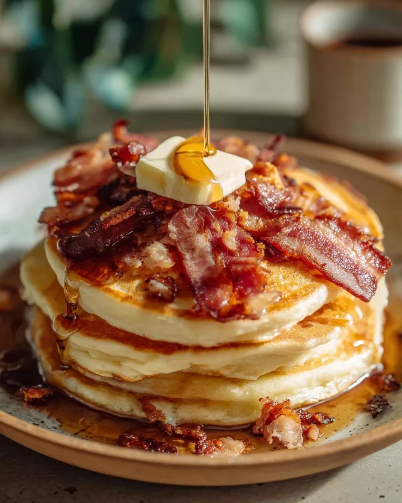 Fluffy bacon pancakes topped with crispy strips of bacon and syrup.