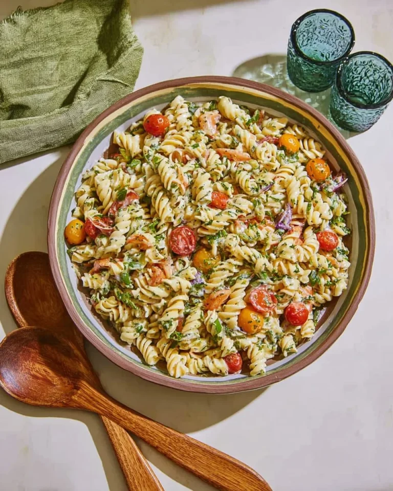 Bacon Ranch Pasta Salad served in a bowl with fresh ingredients