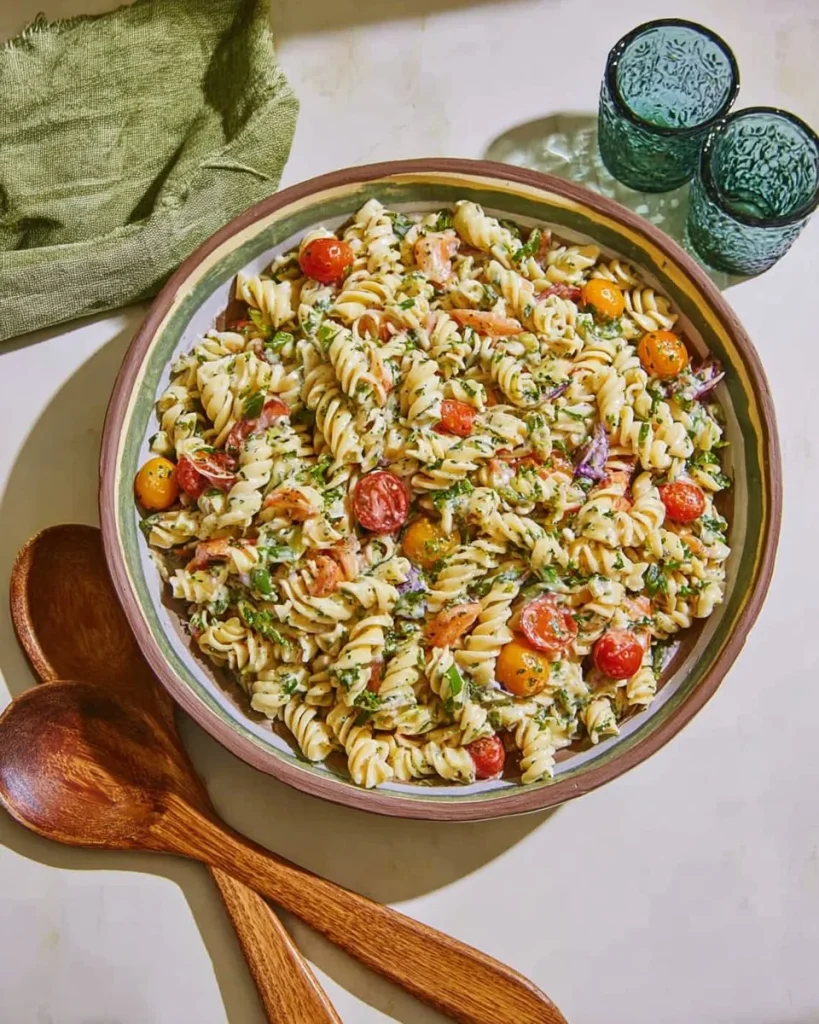 Bacon Ranch Pasta Salad served in a bowl with fresh ingredients