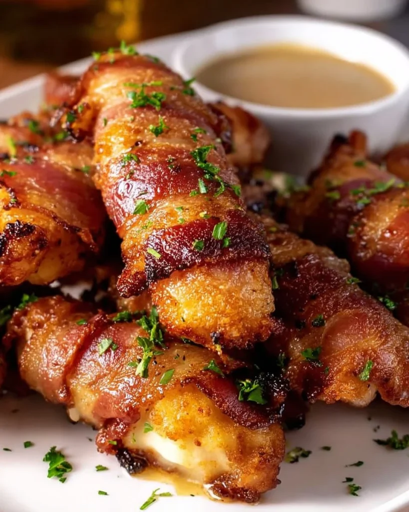 Bacon wrapped chicken tenders cooked in an air fryer, golden and crispy