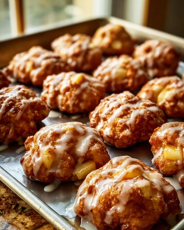 Baked apple fritters on a plate, drizzled with glaze.