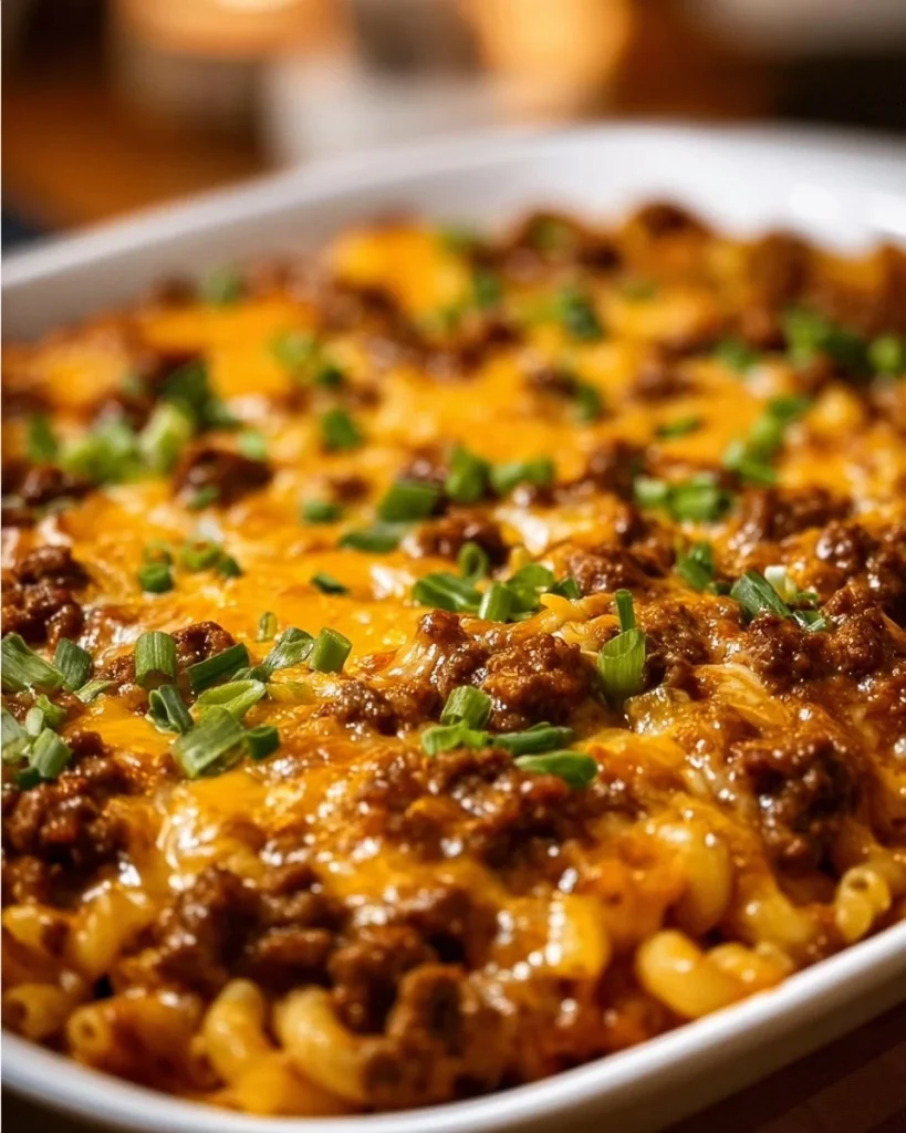 Baked Cheddar Beef Macaroni topped with melted cheese and herbs