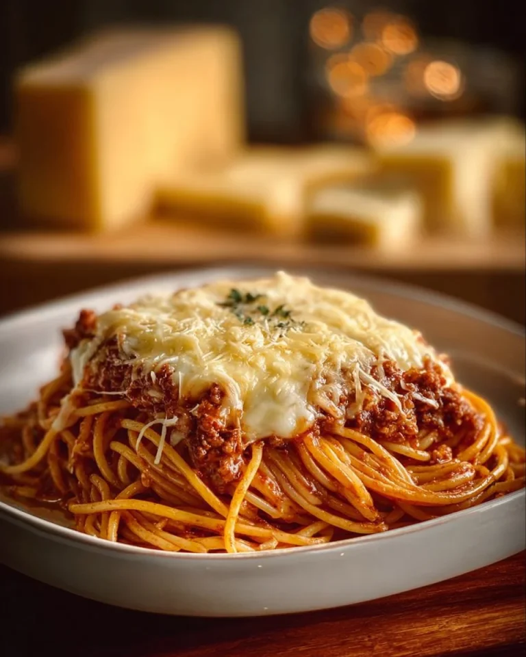 Baked cream cheese spaghetti casserole served on a plate with herbs