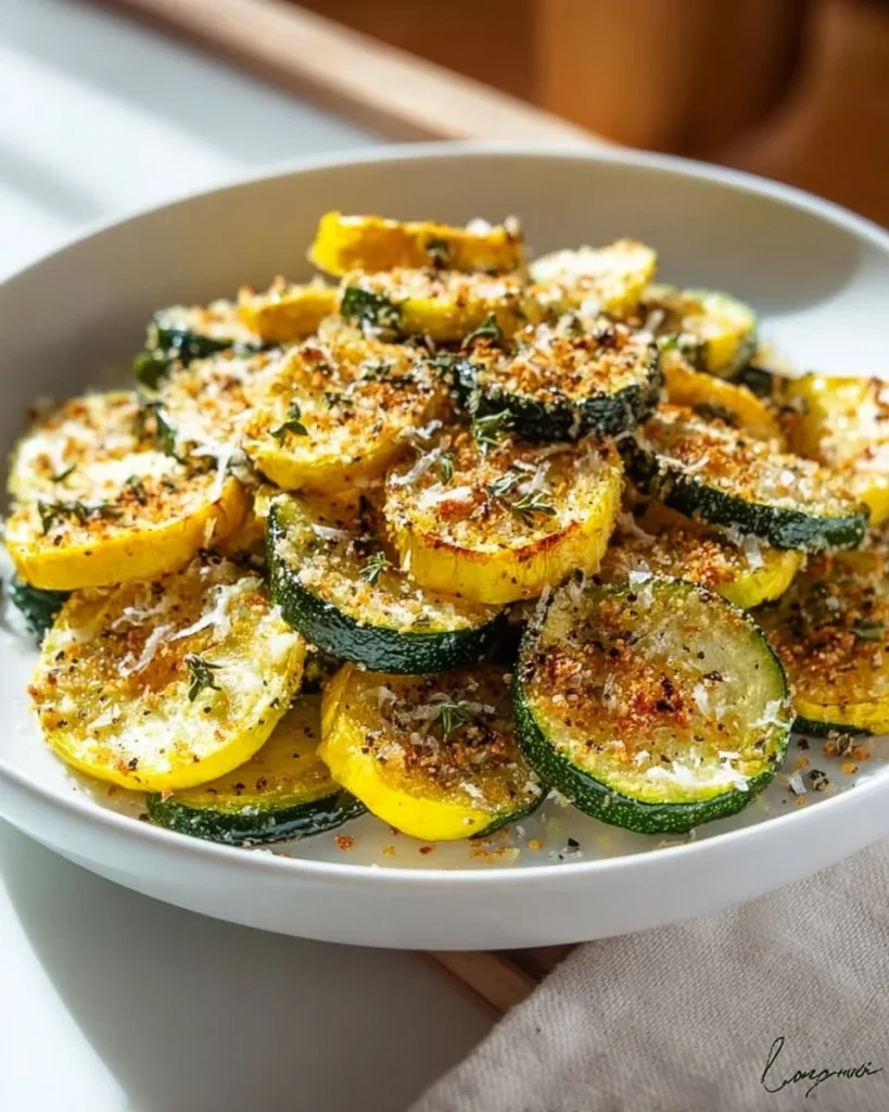 Baked Parmesan Zucchini garnished with herbs on a plate
