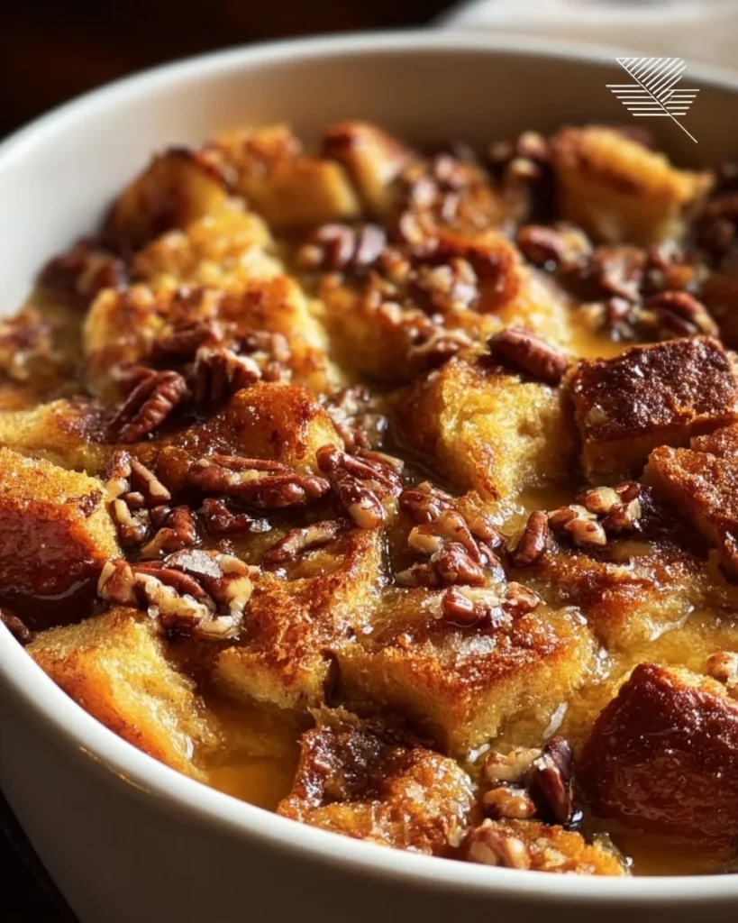 Baked pecan pie French toast casserole topped with pecans and syrup