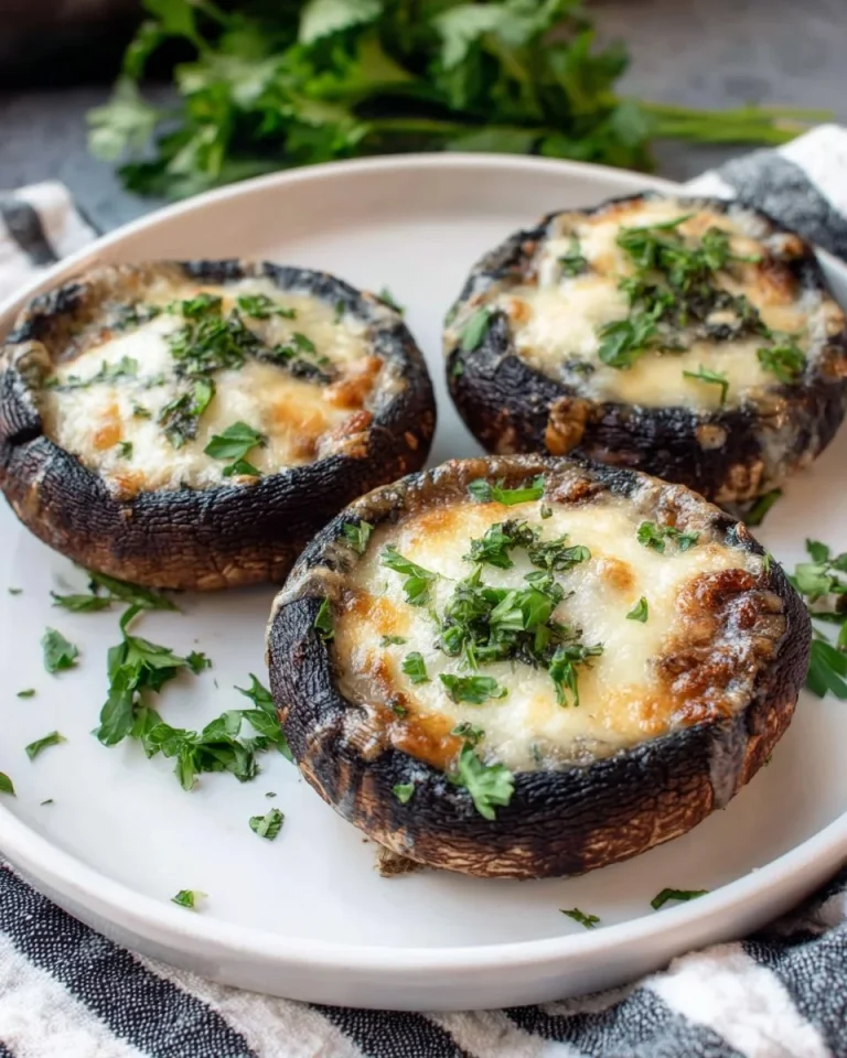 Delicious baked Portobello mushrooms on a plate, garnished with herbs.