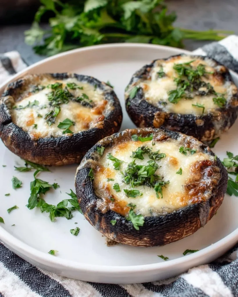 Delicious baked Portobello mushrooms on a plate, garnished with herbs.