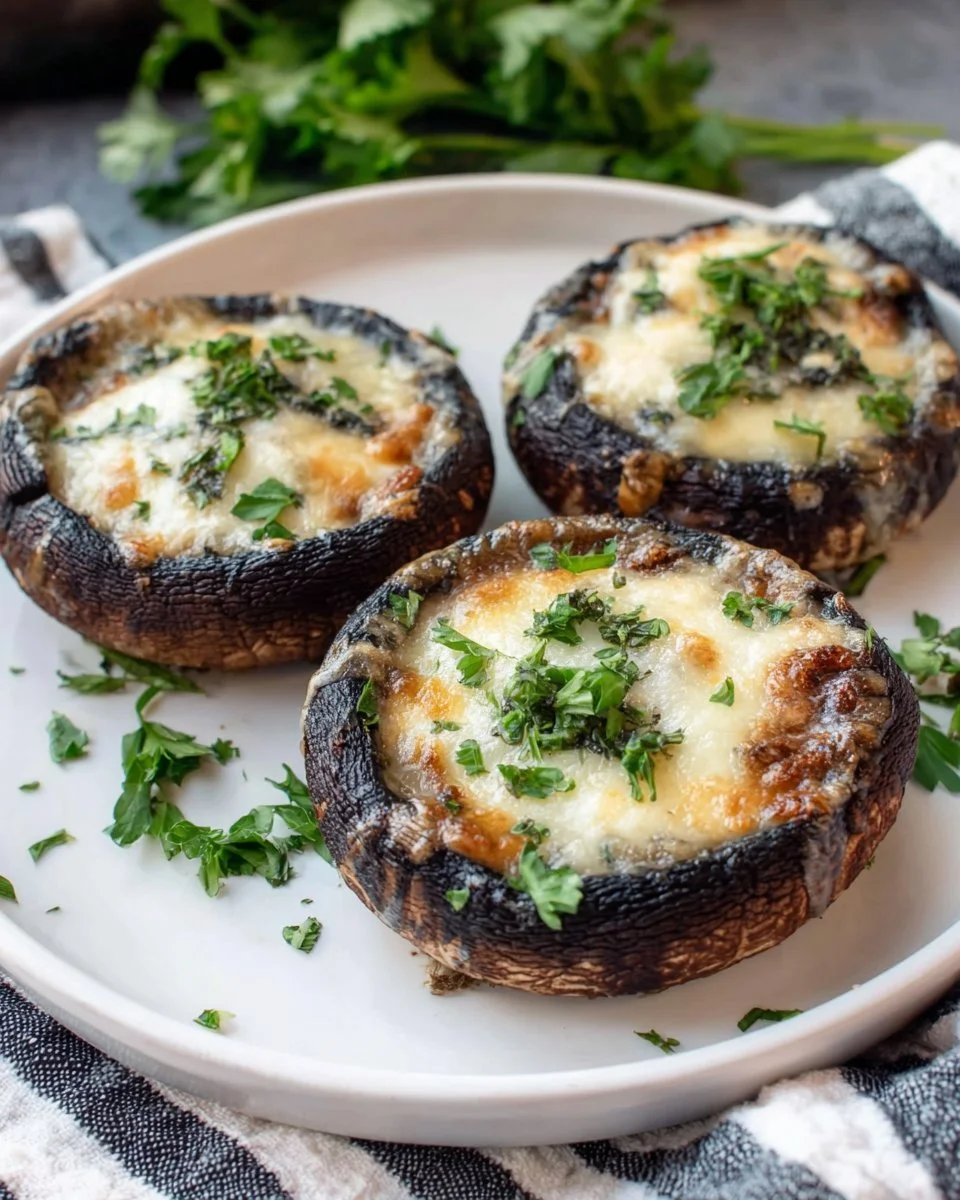 Delicious baked Portobello mushrooms on a plate, garnished with herbs.